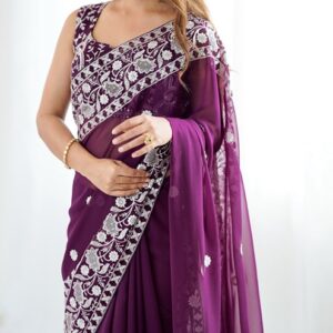 Faux Georgette Thread Work Saree: An Embroidery Elegance