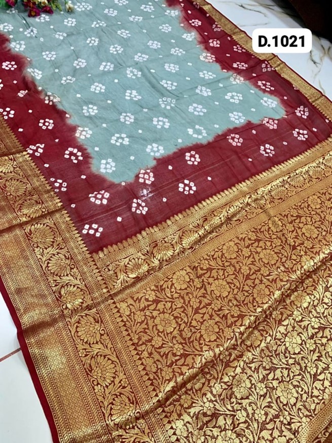 Bandhej Silk Saree with Kanchipuram Zari Border