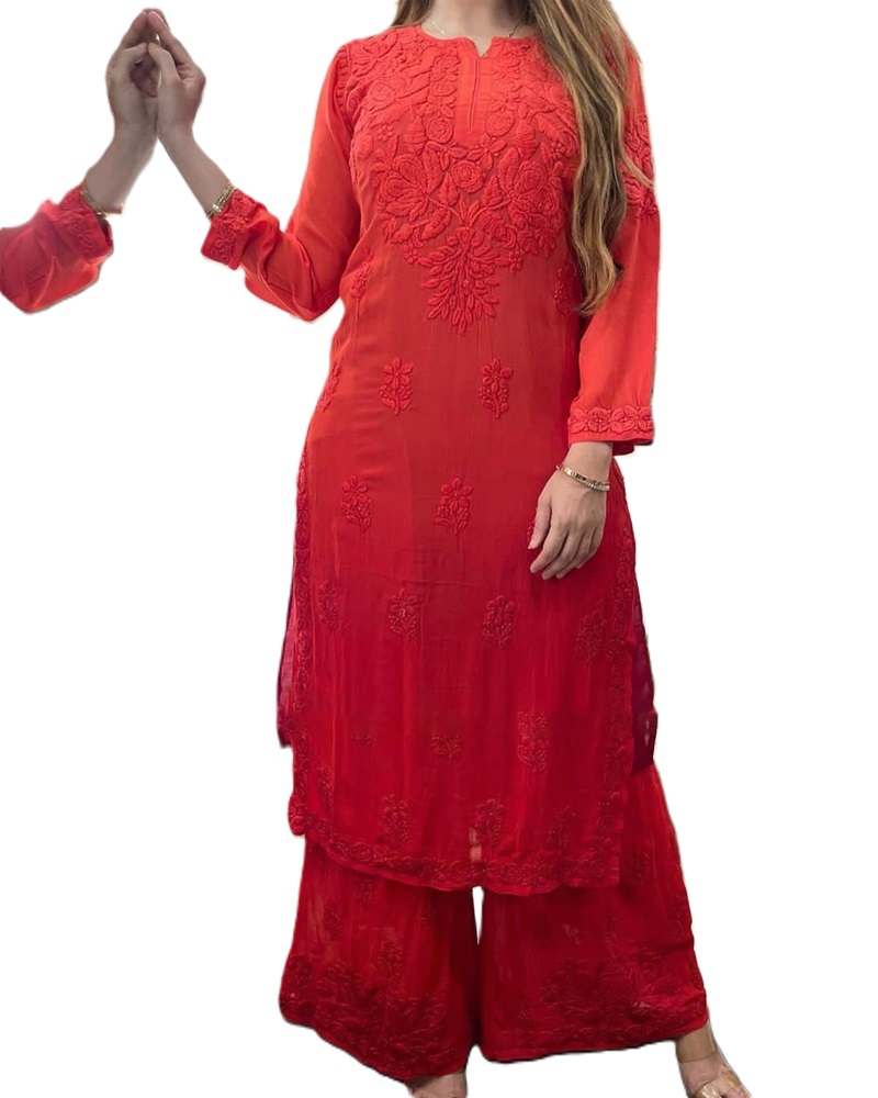 Chain-Stitch Designer Rayon Suit and Palazzo