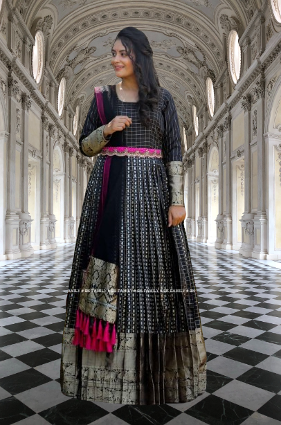 Black Pattu Dress with Banarasi Zari Weaving in Mango