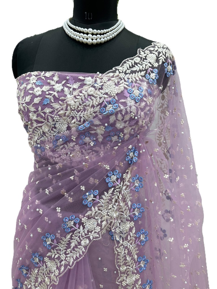 Soft Net Designer Saree with Pearl work 