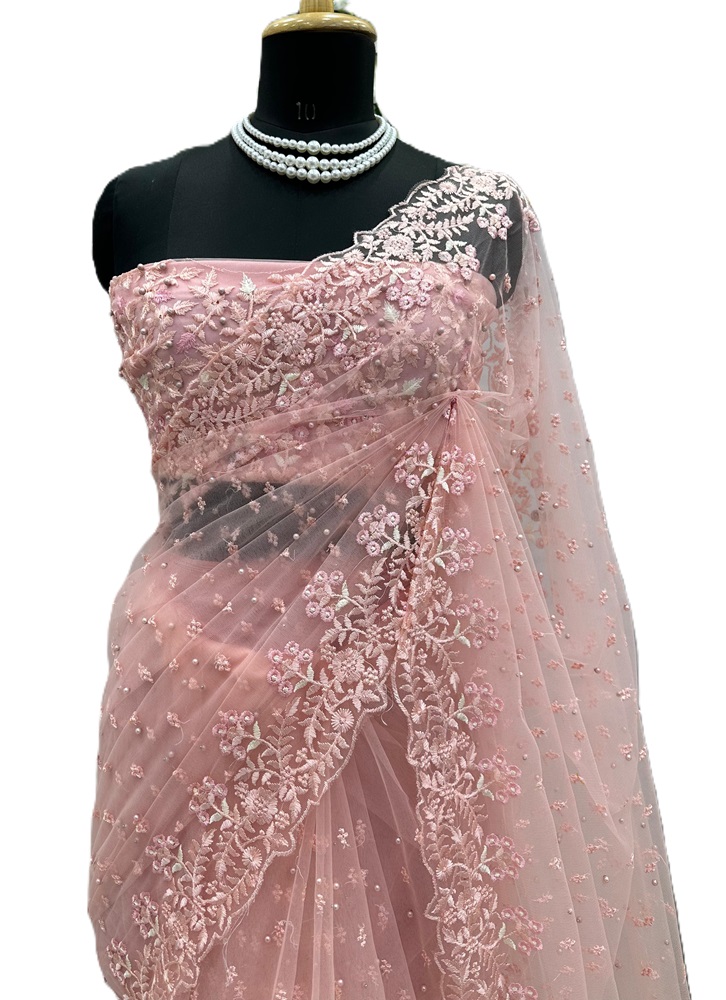 Soft Net Designer Saree with Pearl work 