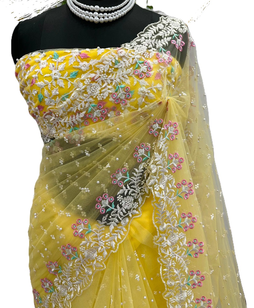 Soft Net Designer Saree with Pearl work 