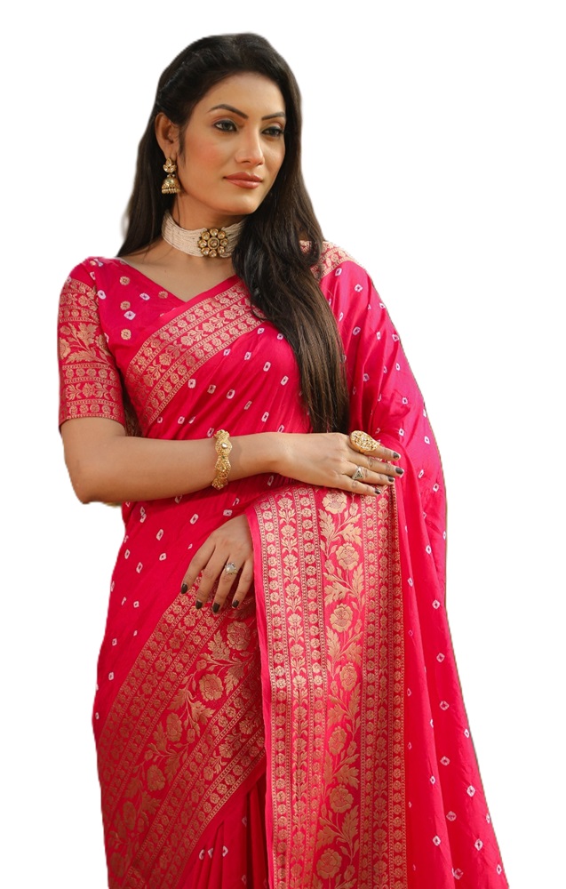 Pure Handmade Bandhej Kanjivaram Silk Saree