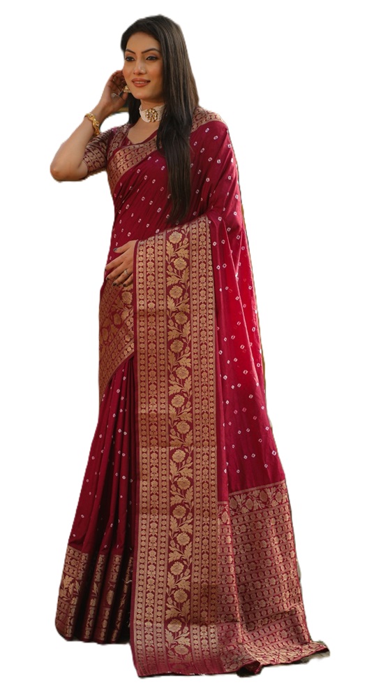 Pure Handmade Bandhej Kanjivaram Silk Saree