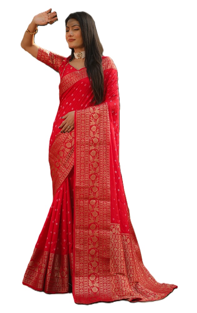 Pure Handmade Bandhej Kanjivaram Silk Saree