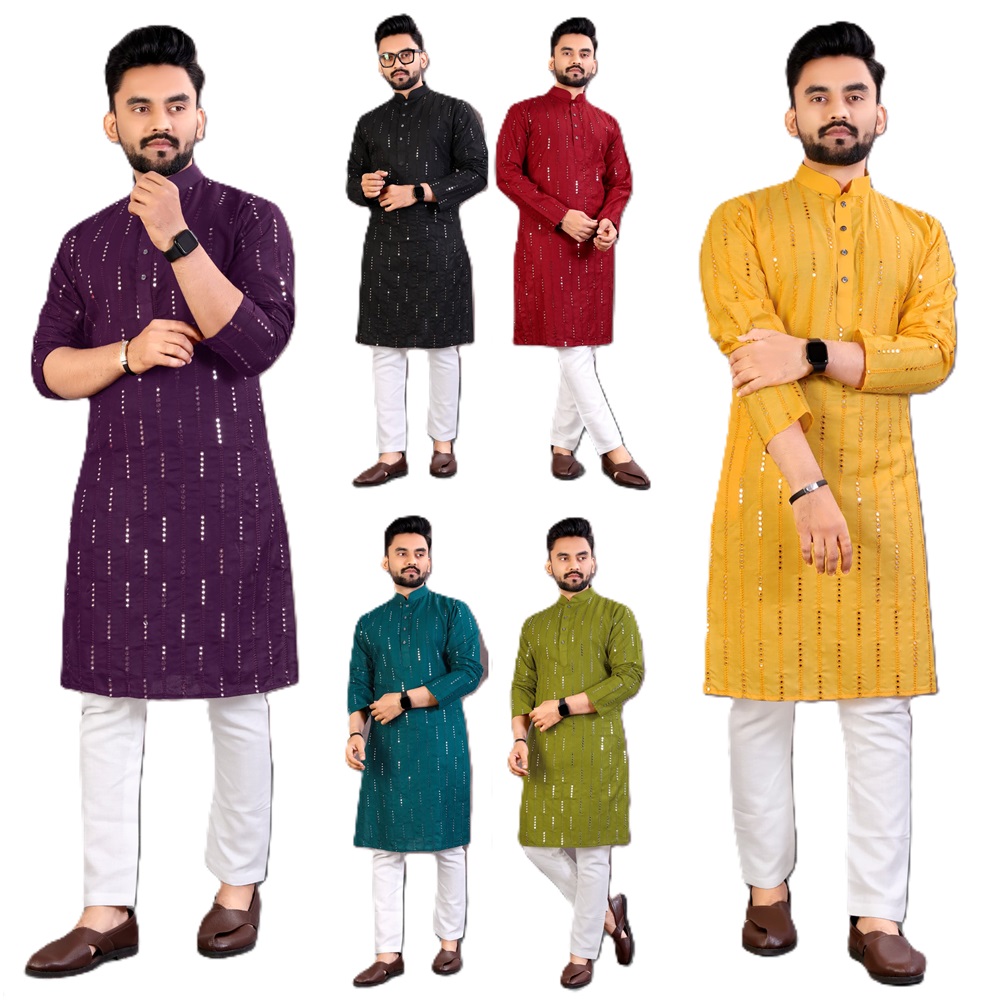 Mirror Work Cotton Kurta Pyjama Set