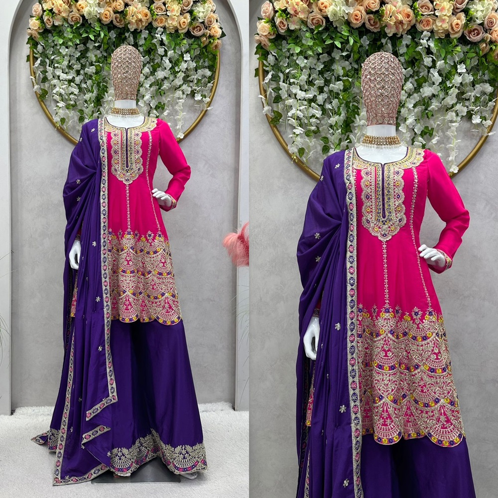 Chinon Silk Suit and Sharara with Sequin & Coding Work