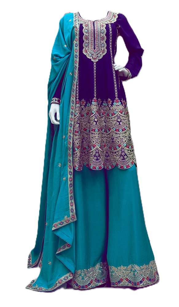 Chinon Silk Suit and Sharara with Sequin & Coding Work