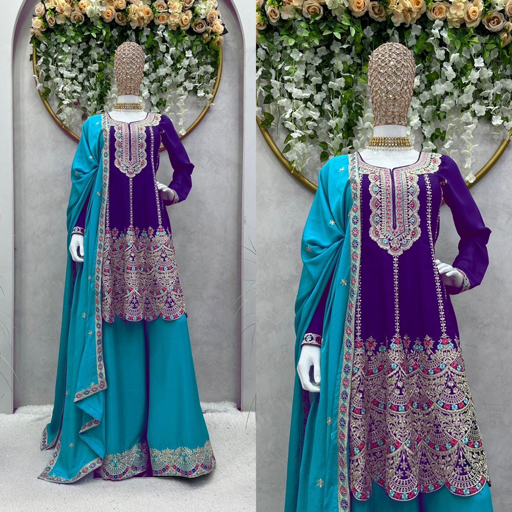 Chinon Silk Suit and Sharara with Sequin & Coding Work