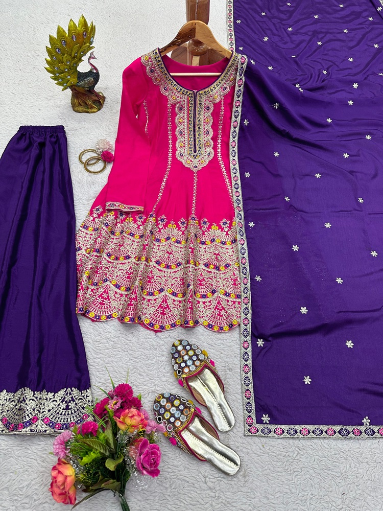 Chinon Silk Suit and Sharara with Sequin & Coding Work