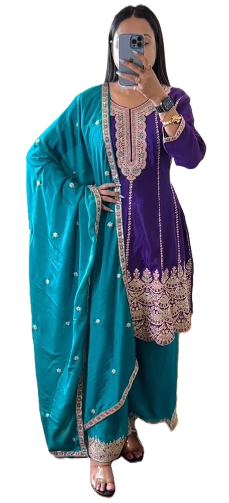 Chinon Silk Suit and Sharara with Sequin & Coding Work