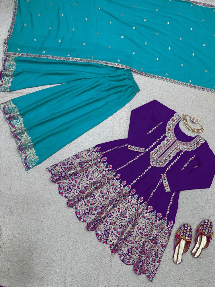 Chinon Silk Suit and Sharara with Sequin & Coding Work