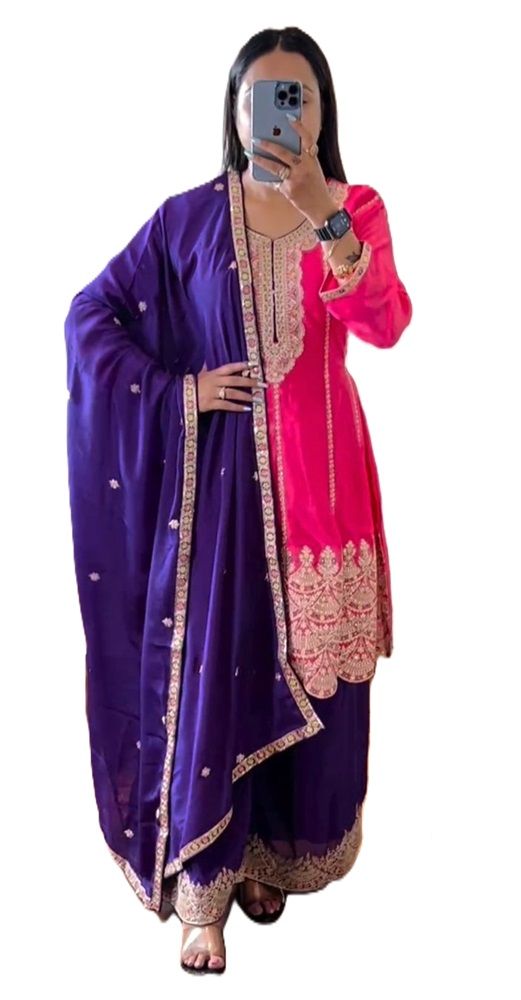 Chinon Silk Suit and Sharara with Sequin & Coding Work