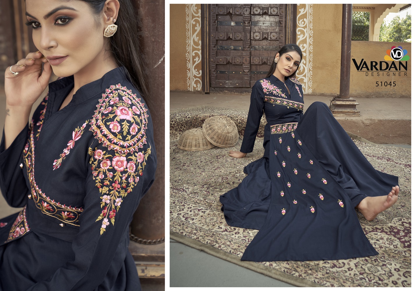 Designer Gown with Heavy Embroidery: Ethnic Wear by Folksana Folksana presents the Designer Gown with heavy embroidery work, an elegant and luxurious ethnic wear perfect for the festive season. This stunning gown features intricate embroidery that adds a touch of sophistication and grandeur, making it an ideal choice for special occasions. The gown is stitched with an inner lining, ensuring comfort and a flawless fit, while the unique design and craftsmanship elevate it to premium status.