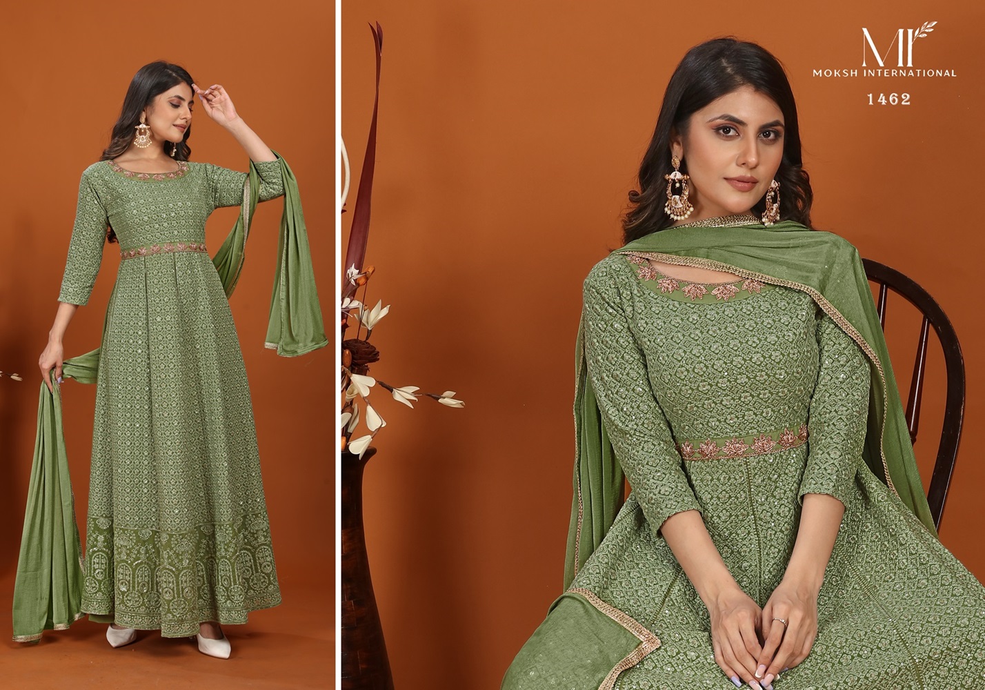 Georgette Ankle-Length Gown with Embroidery