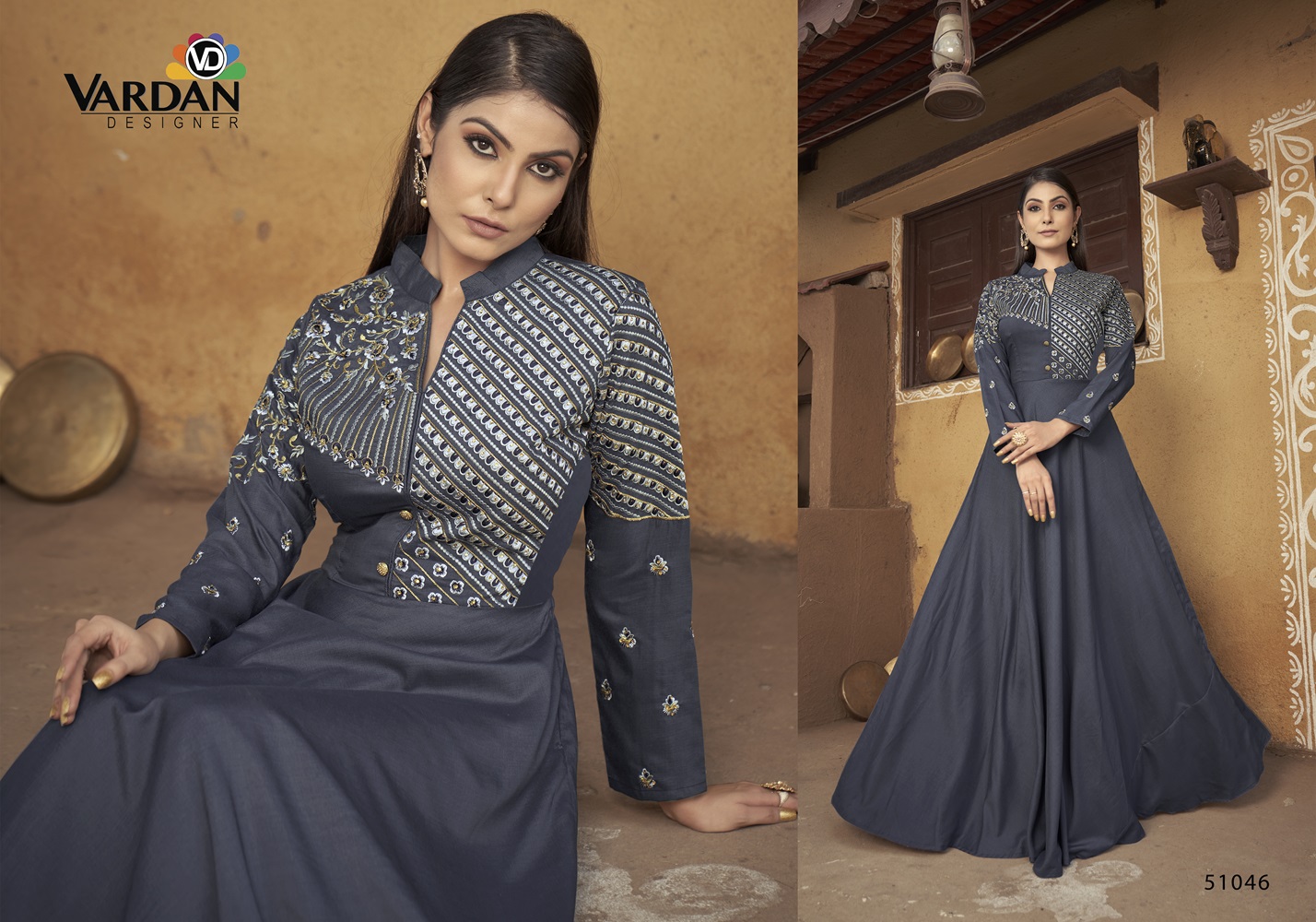 Designer Gown with Heavy Embroidery: Ethnic Wear by Folksana Folksana presents the Designer Gown with heavy embroidery work, an elegant and luxurious ethnic wear perfect for the festive season. This stunning gown features intricate embroidery that adds a touch of sophistication and grandeur, making it an ideal choice for special occasions. The gown is stitched with an inner lining, ensuring comfort and a flawless fit, while the unique design and craftsmanship elevate it to premium status.