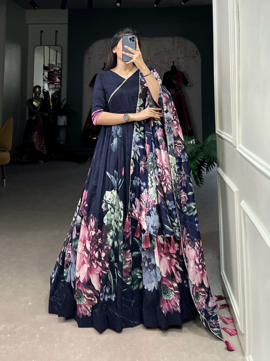 Tusser Silk Floral Printed Long Gown