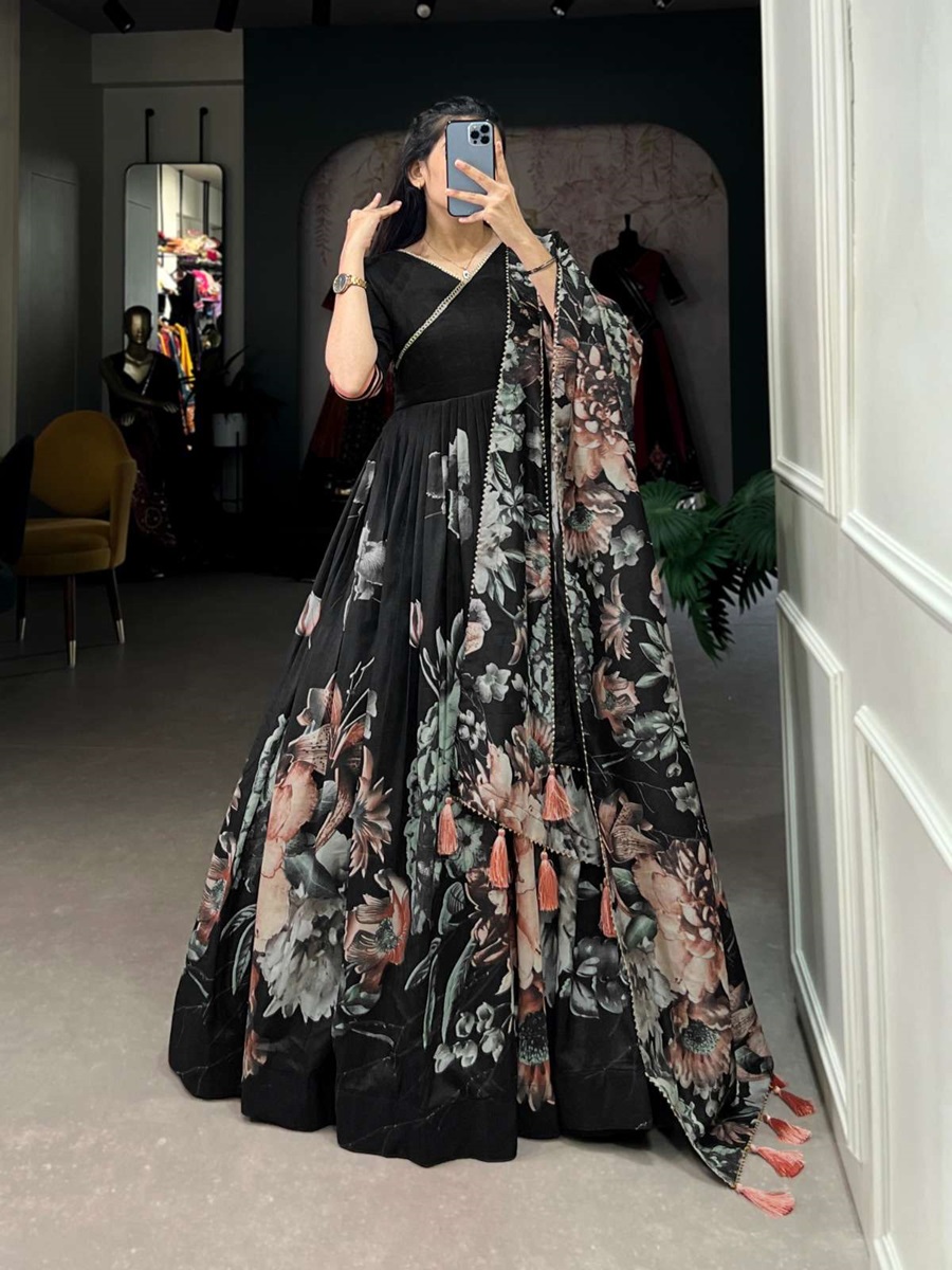 Tusser Silk Floral Printed Long Gown
