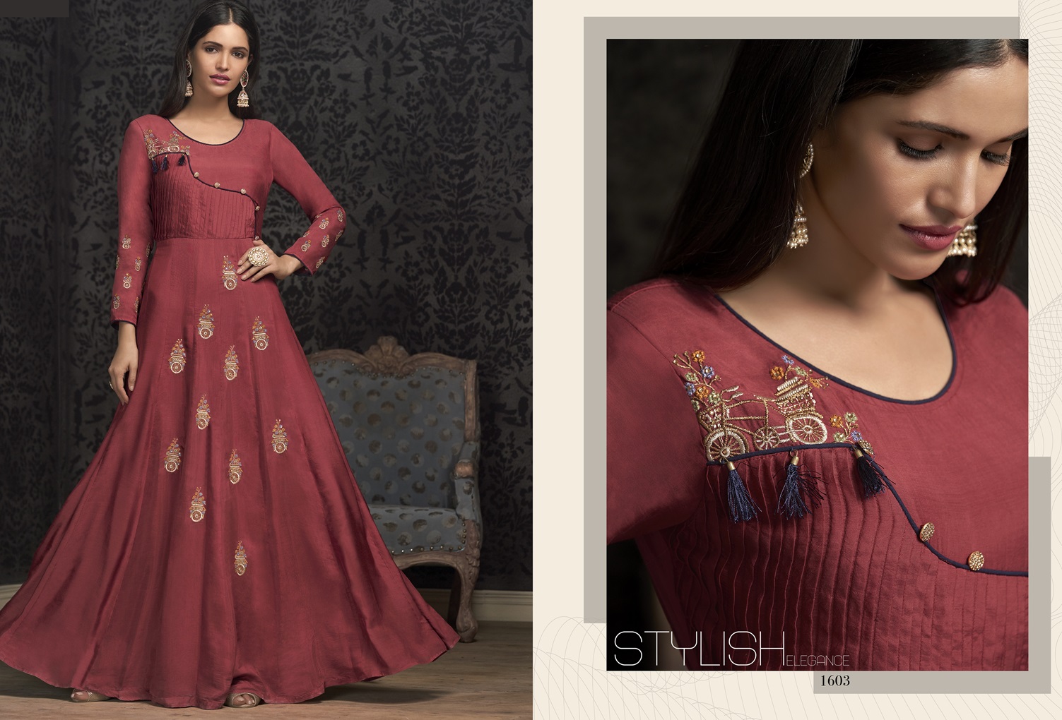 Premium Muslin Long Gown with Exquisite Embroidery