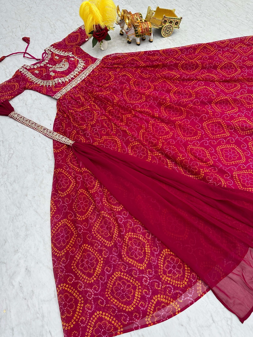 Designer Bandhej Print Long Gown and Dupatta Set