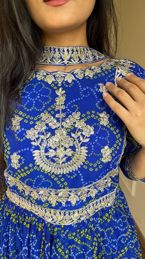 Designer Bandhej Print Long Gown and Dupatta Set