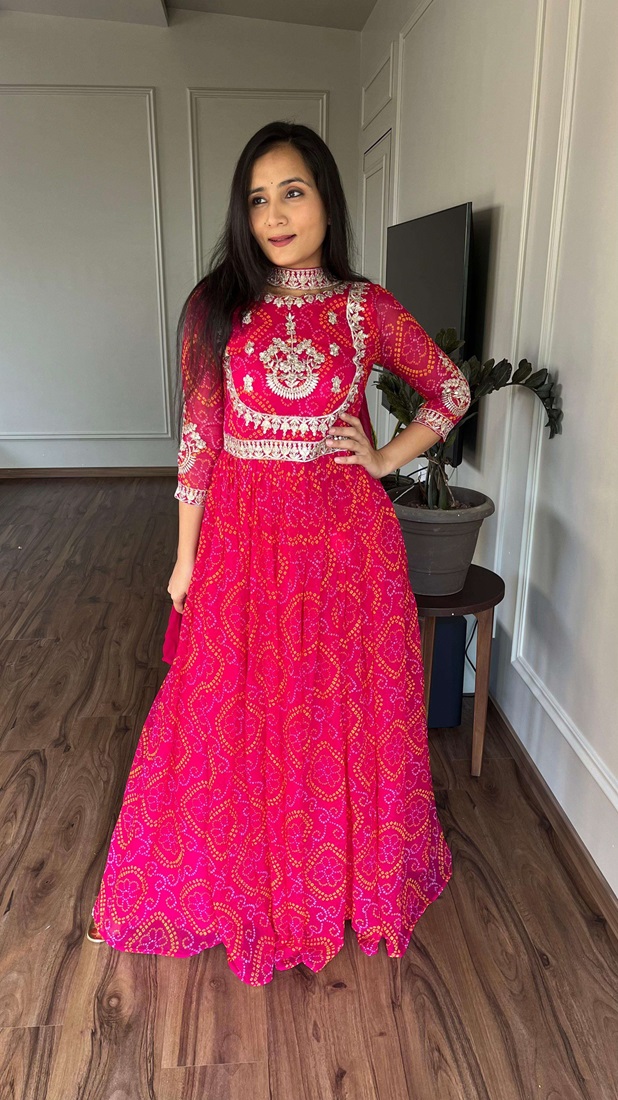 Designer Bandhej Print Long Gown and Dupatta Set
