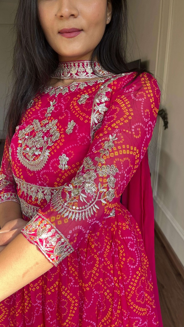 Designer Bandhej Print Long Gown and Dupatta Set