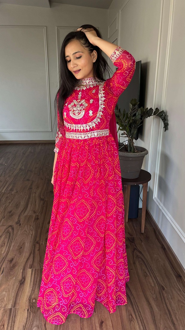 Designer Bandhej Print Long Gown and Dupatta Set