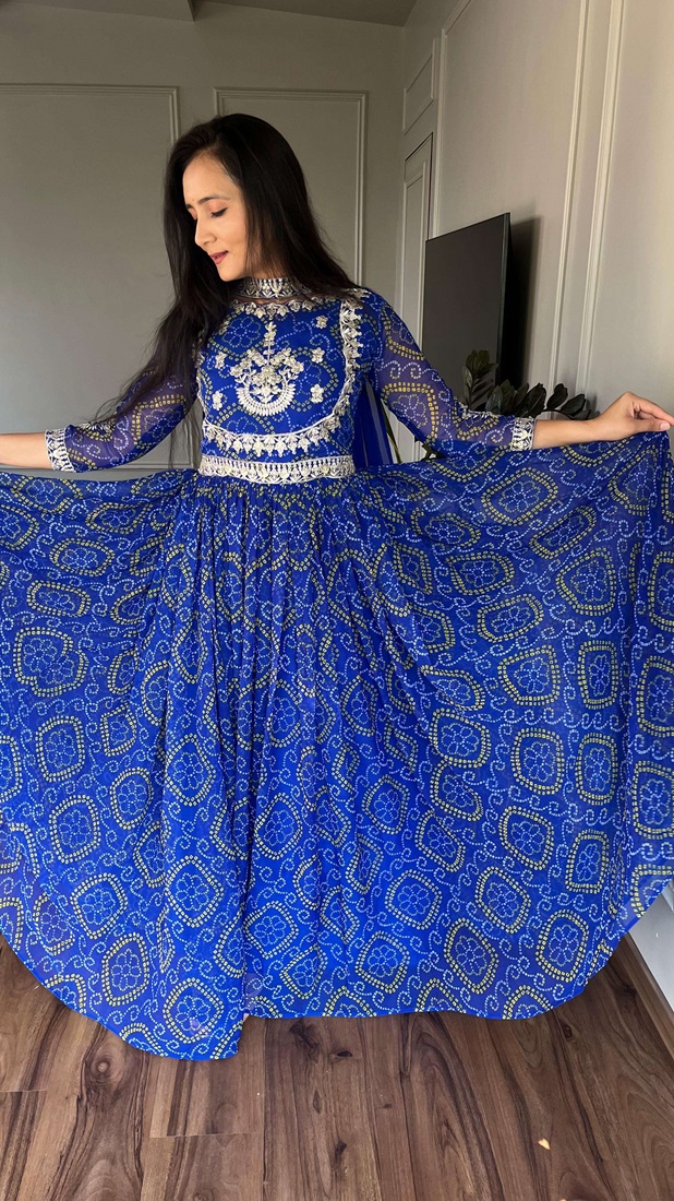 Designer Bandhej Print Long Gown and Dupatta Set