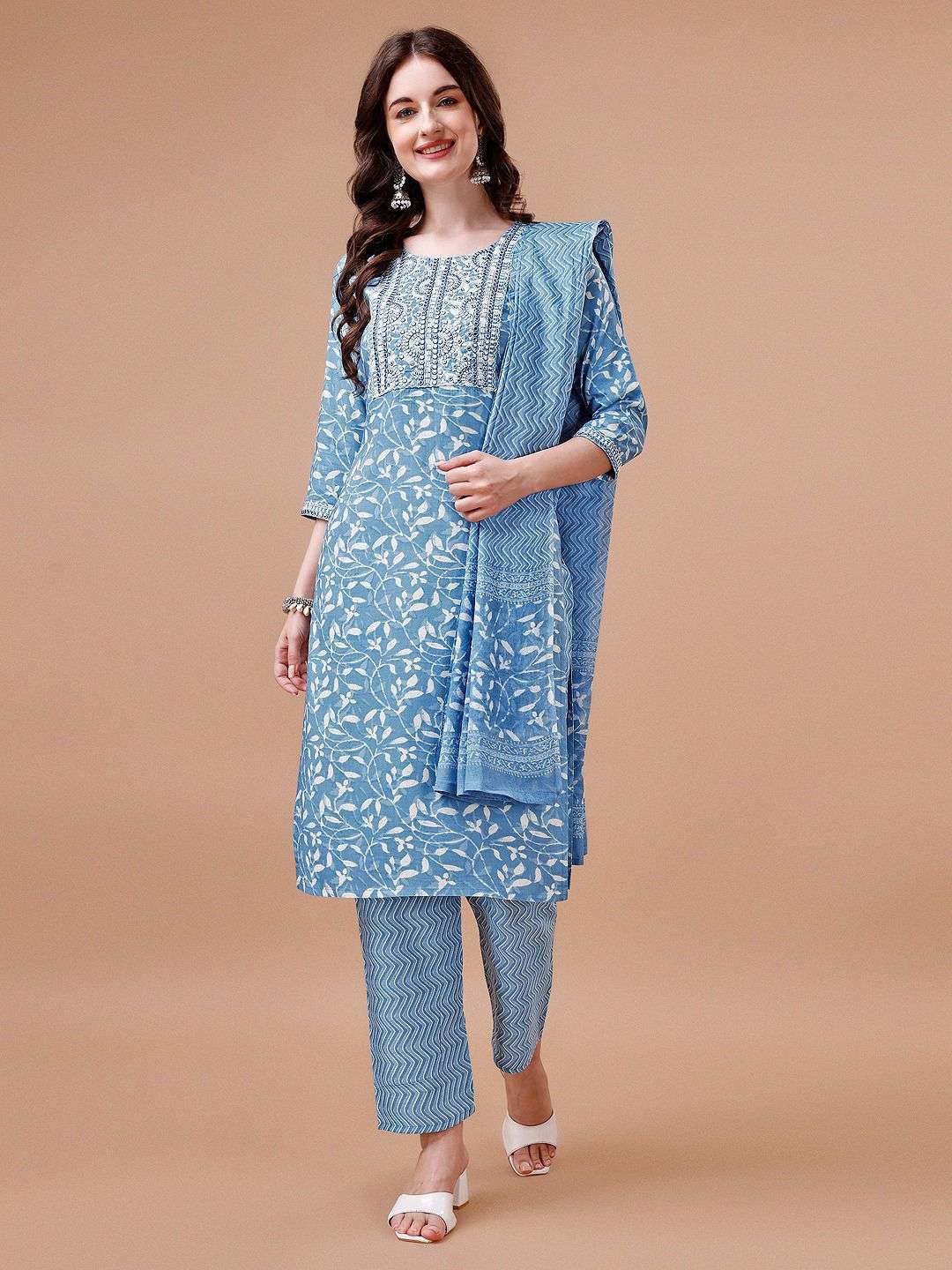 Rayon Cotton Suit with Intricate Neck Work