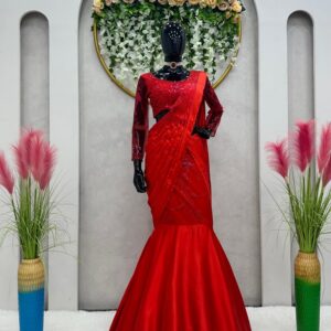 Designer Party Wear Satin Silk Lehenga Saree- Red Rose