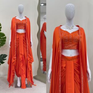 Satin Silk Dhoti Choli Set with Shrug: A Fusion Design